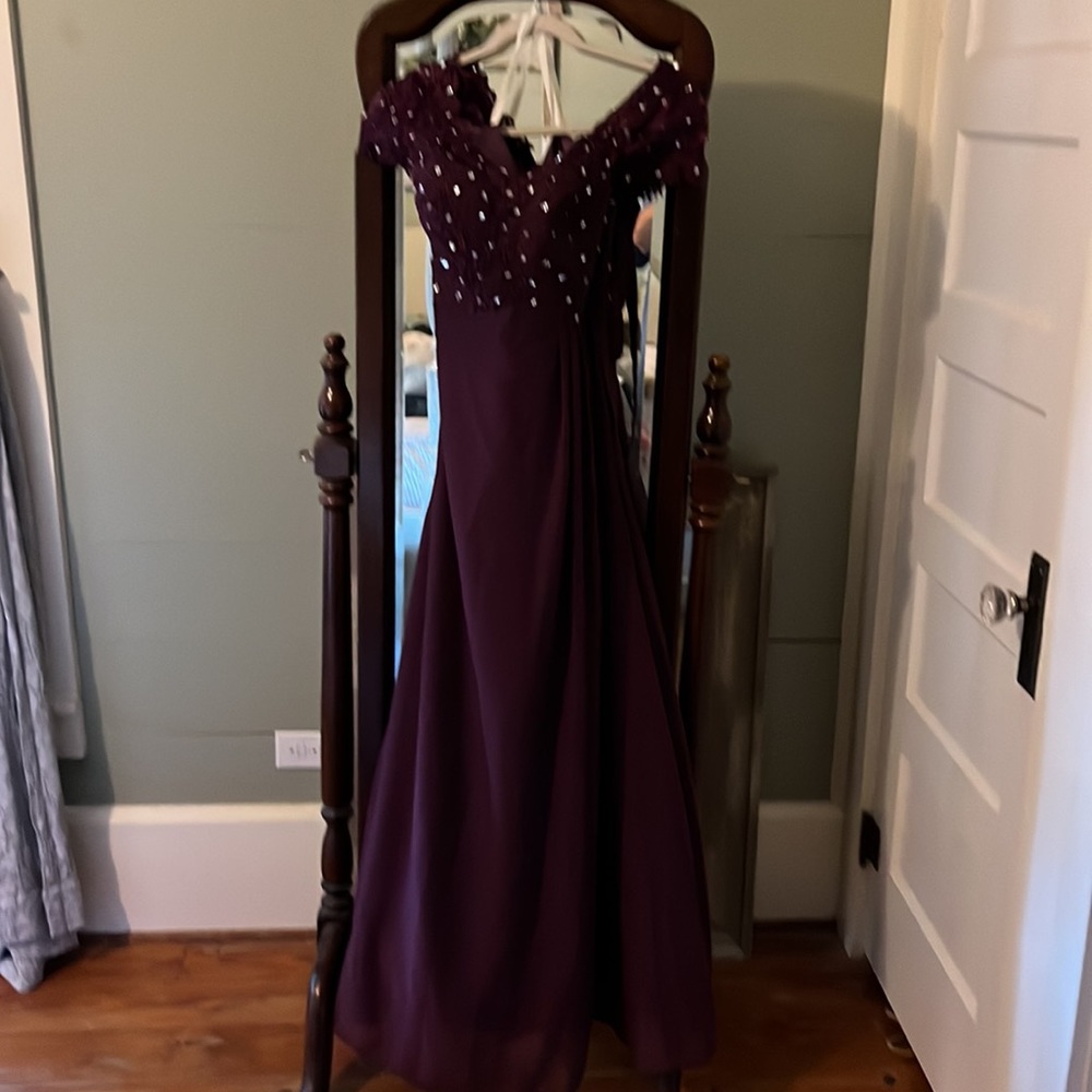 Purple evening dress. Never worn, size 10, short sleeve, bead, lace top